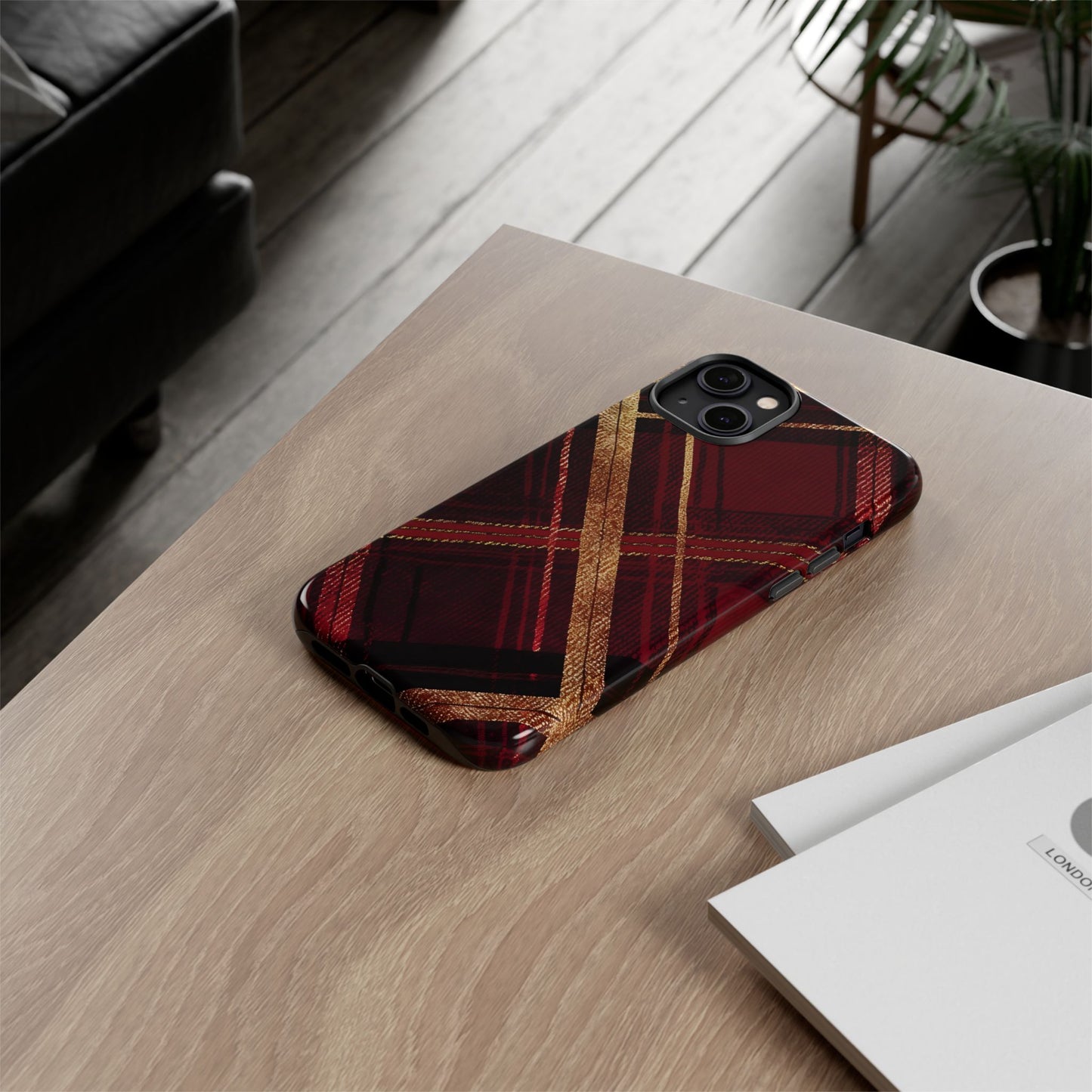 Crimson Luxe Plaid – Tough Glossy iPhone Case