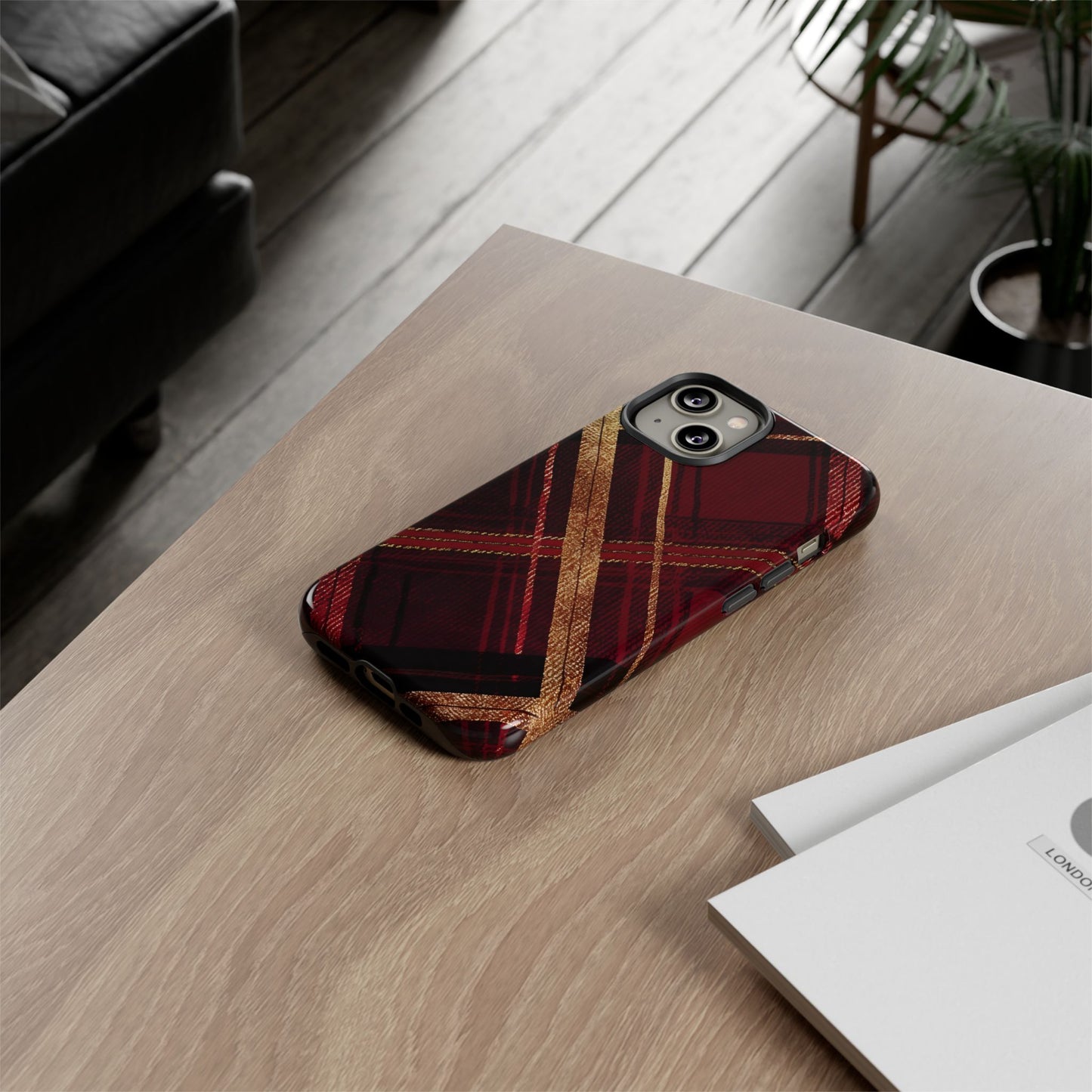 Crimson Luxe Plaid – Tough Glossy iPhone Case