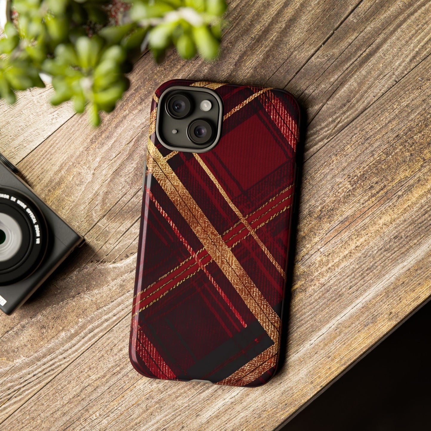 Crimson Luxe Plaid – Tough Glossy iPhone Case